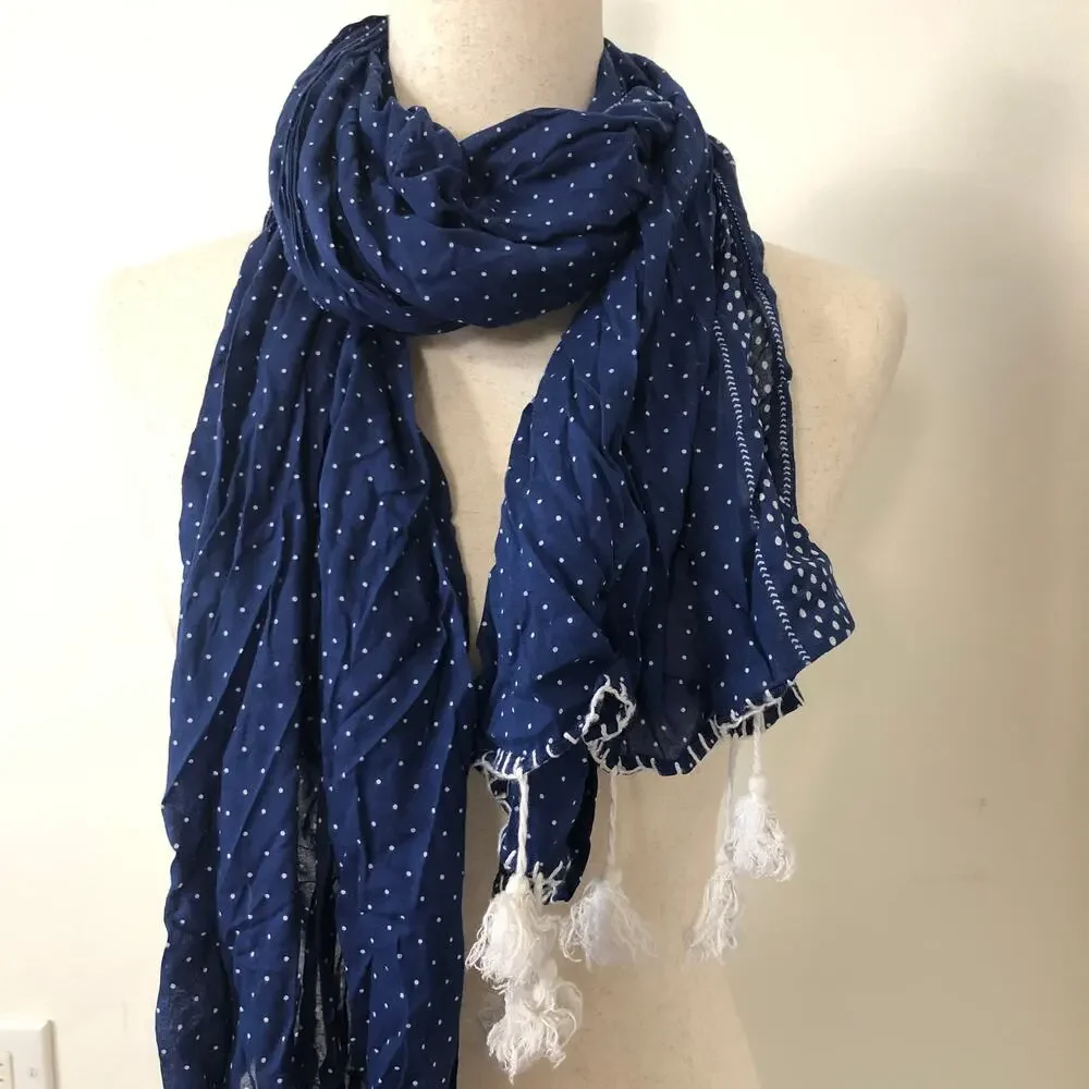FEED Target Navy Blue Polka‎ Dot Tassel Scarf Lightweight Sheer Boho Coastal